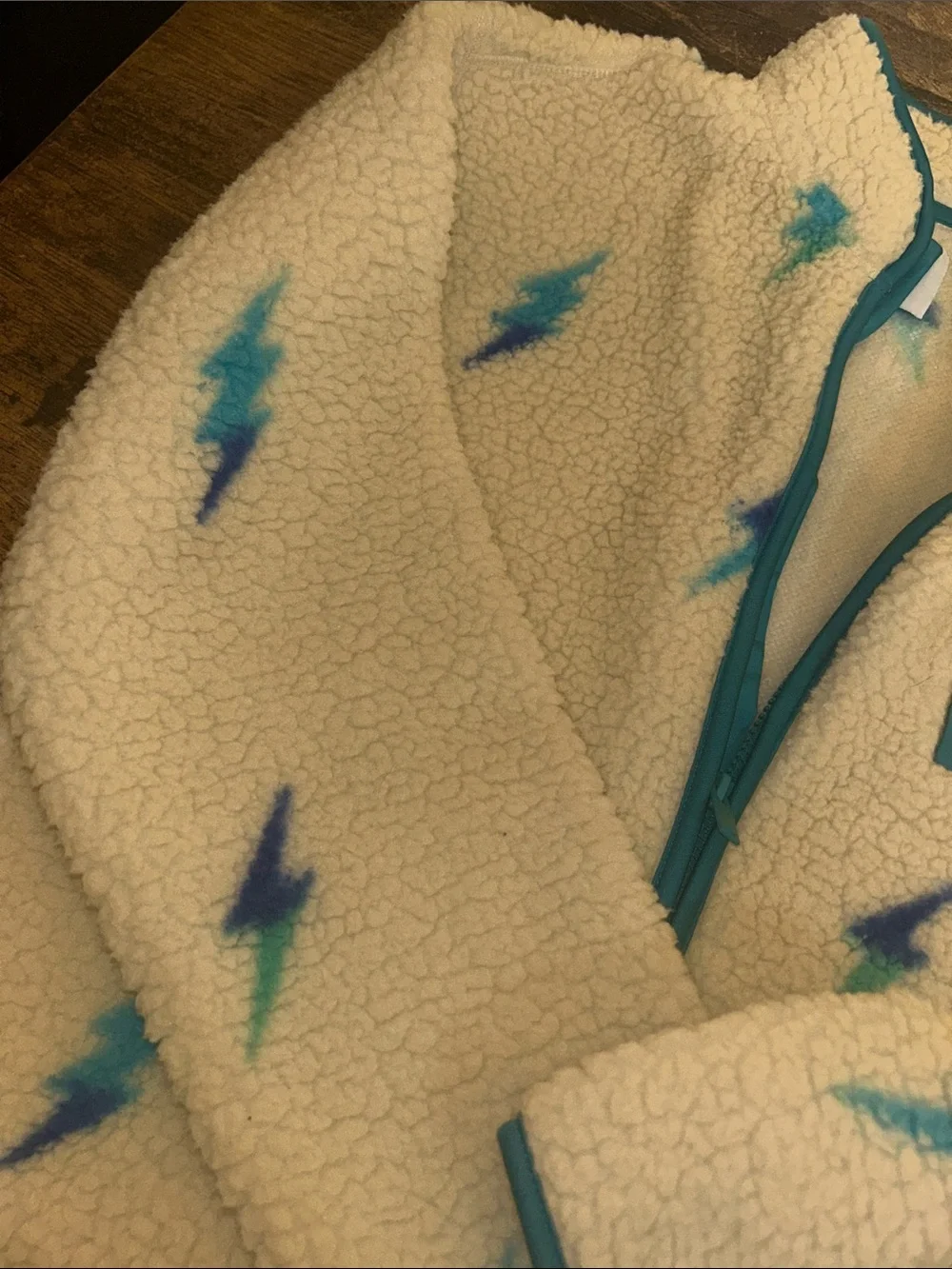 Old Navy Cream Sherpa Jacket with Teal Lightning Bolts